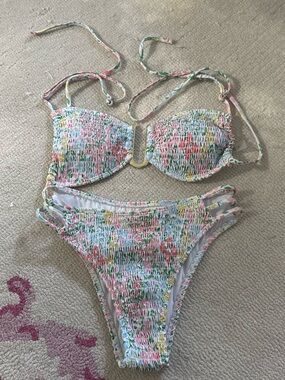 Smocked Floral Halter Bikini Set - Pink & Green